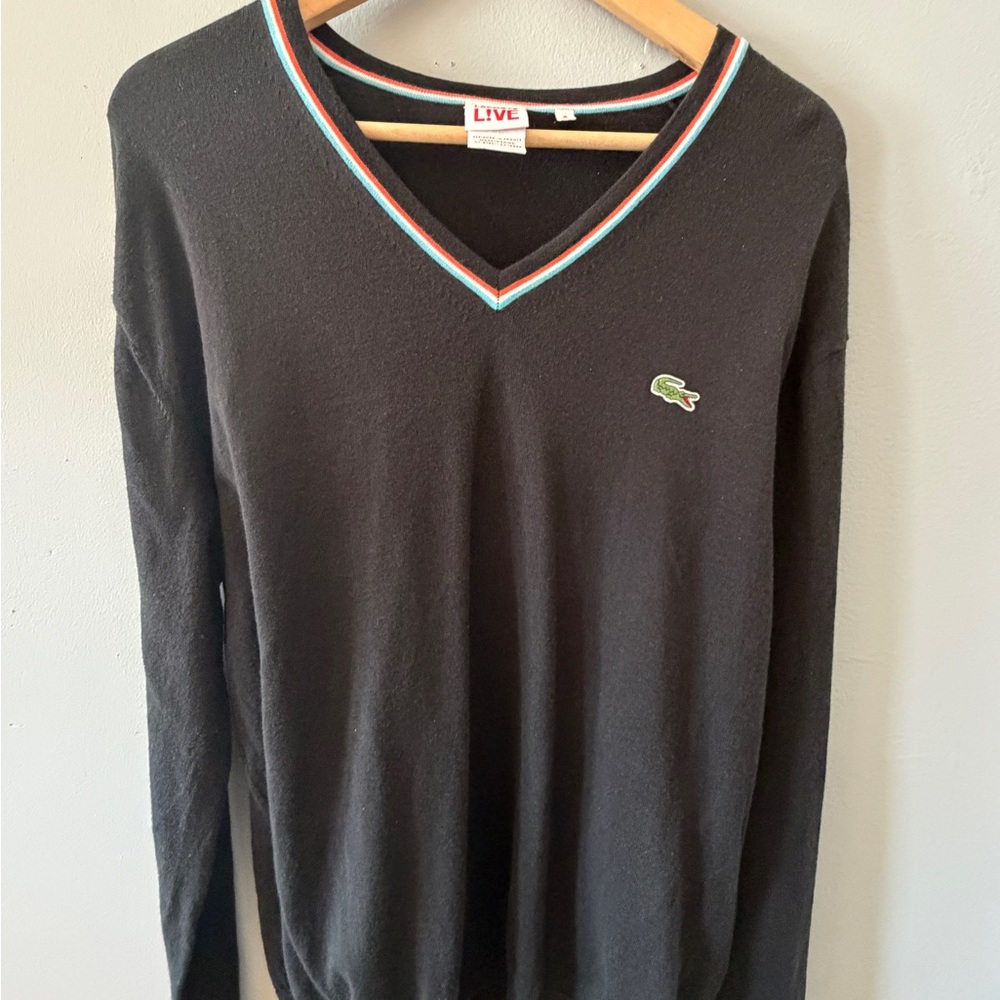 Lacoste Live Men's V-Neck Sweater: Black w/ Colorful Trim